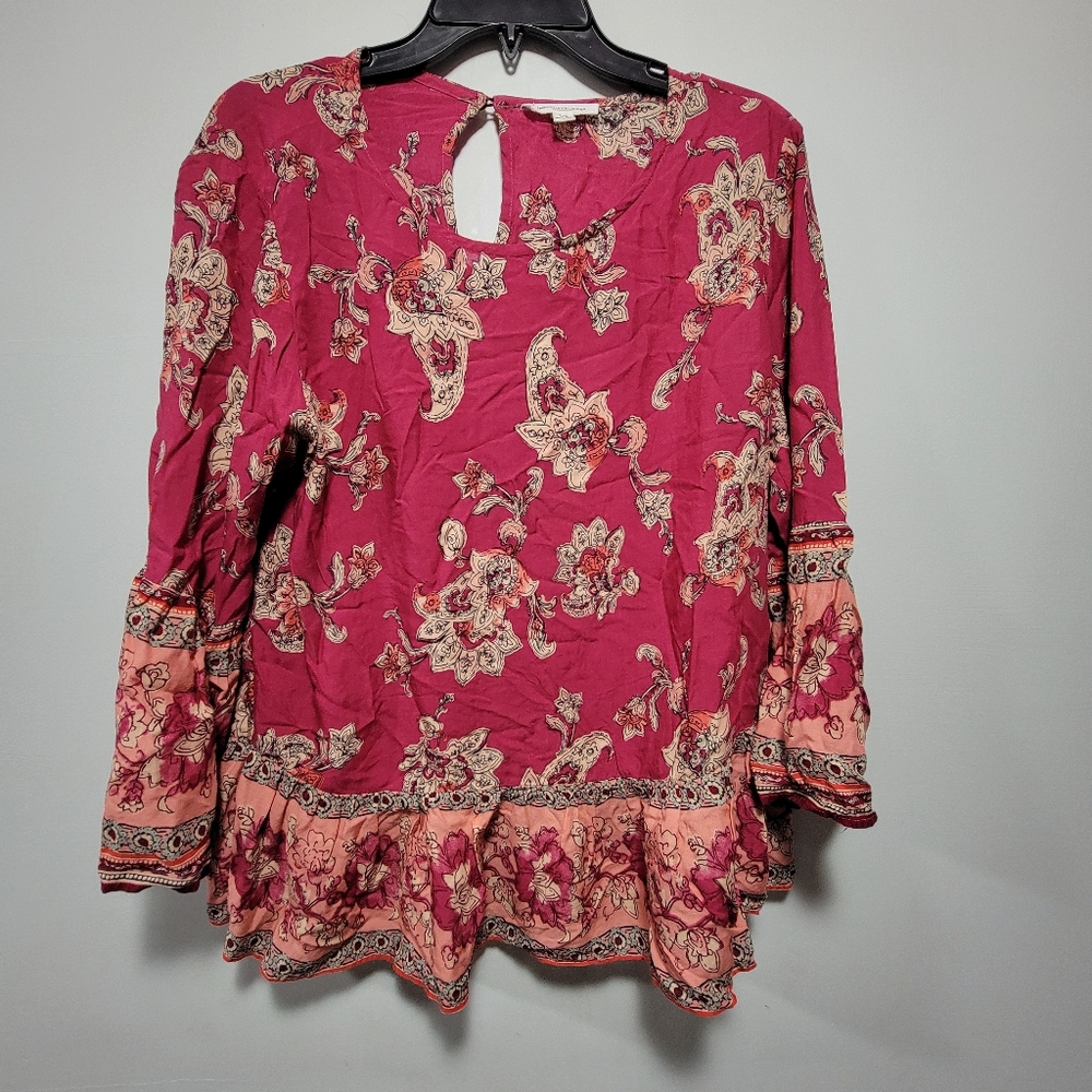 Beach Lunch Lounge Womens Pink Floral Paisley Blouse Top Bell Sleeve Size Large